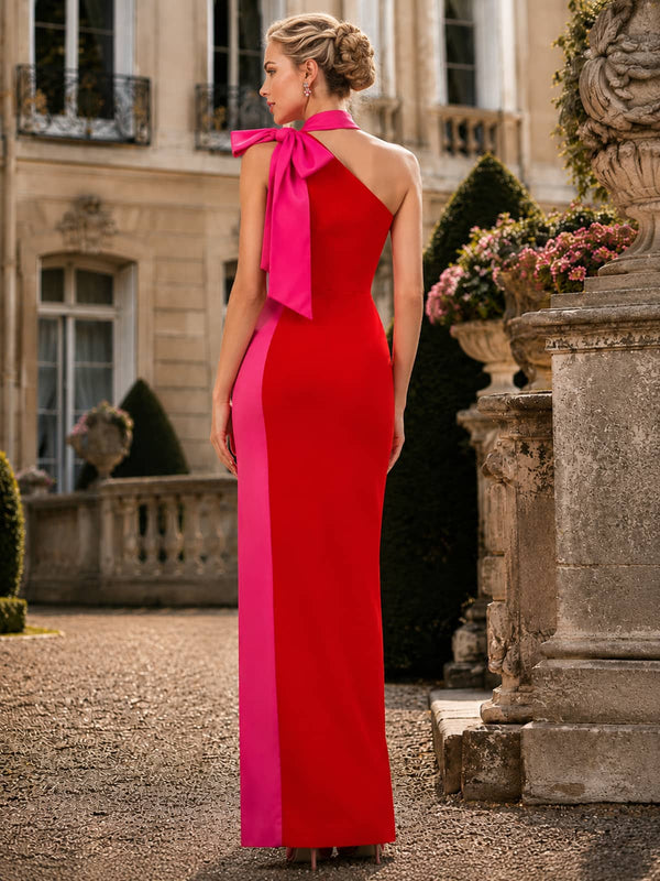Satin one shoulder sheath midi length evening dress back view with fitted silhouette