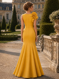 Satin mermaid boat neck floor length evening dress back view with concealed zipper