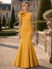 Satin mermaid boat neck floor length evening dress with 3D flower applique front view