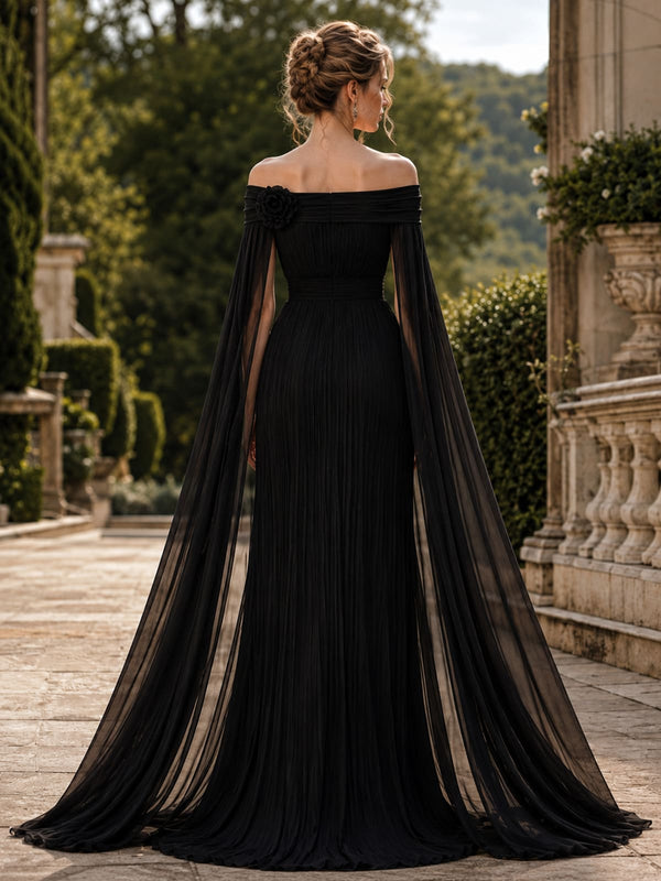 Chiffon off shoulder floor length evening dress back view with flowing cape sleeves