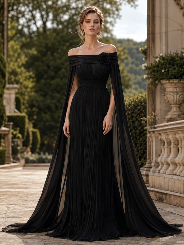 Chiffon off shoulder floor length evening dress with cape sleeves and 3D flower applique front view