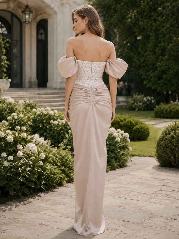Faux silk off shoulder floor length evening dress with lace back view