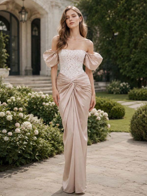 Faux silk off shoulder floor length evening dress with lace bodice front view