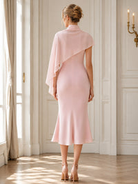 Chiffon high neck midi length evening dress back view with flowing cape detail