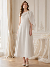 Satin one shoulder midi length evening dress with draped cape overlay front view