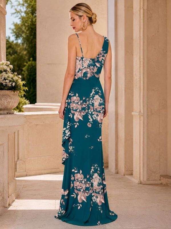 Floral chiffon one shoulder floor length evening dress back view with floral print and draped skirt detail