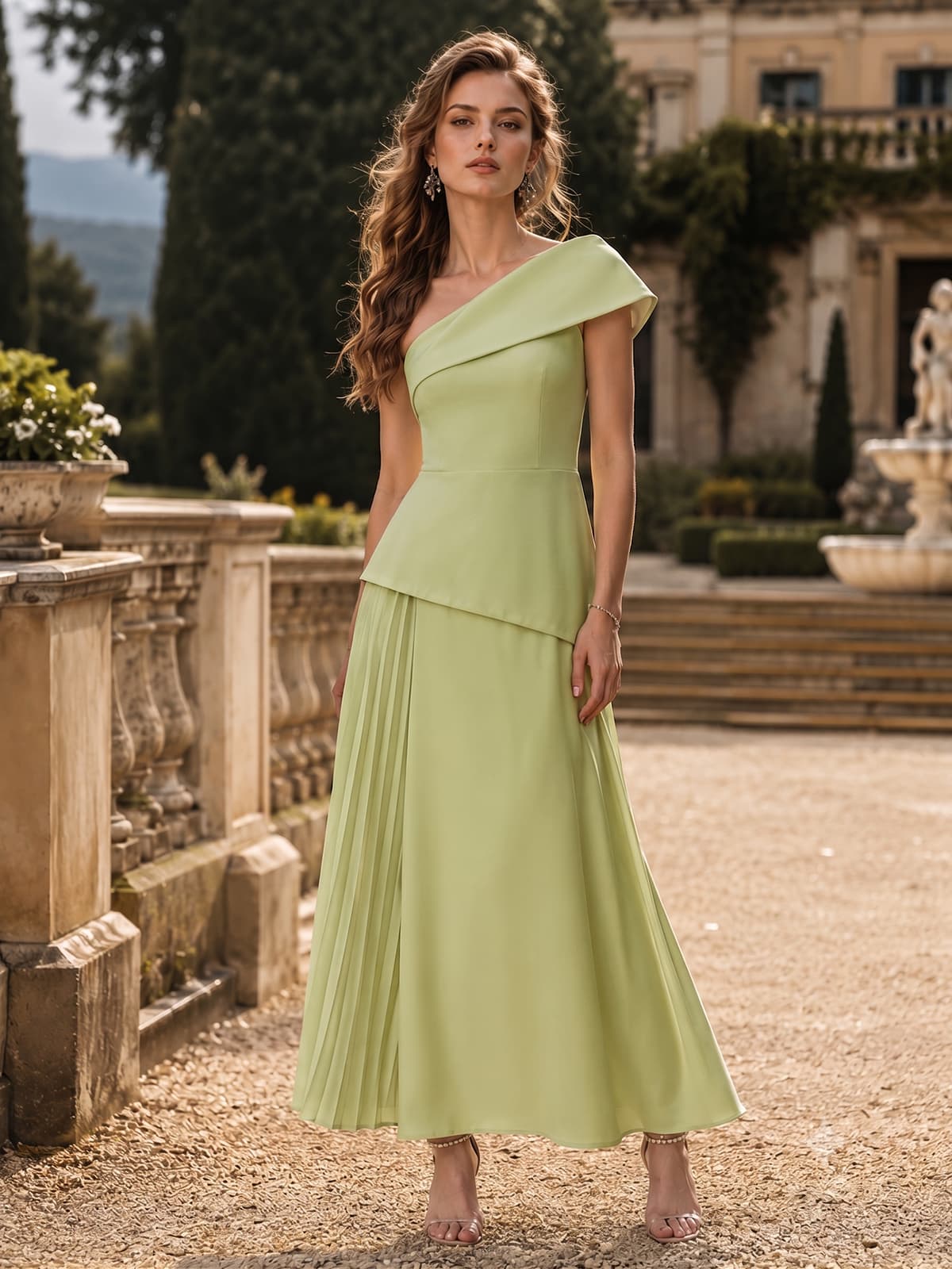 Chiffon one shoulder midi length evening dress front view with pleated skirt and draped waist detail