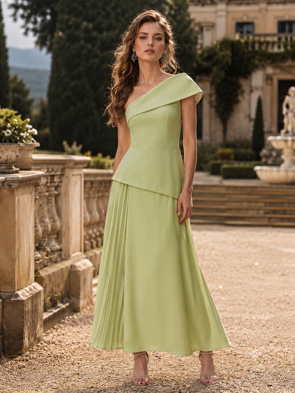 Chiffon one shoulder midi length evening dress front view with pleated skirt and draped waist detail