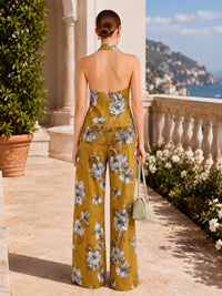 Floral chiffon two piece halter evening set back view with wide leg pants and open back detail