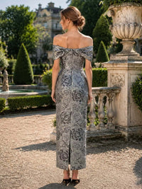 Jacquard satin off shoulder midi length evening dress back view with floral texture and back slit