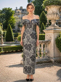 Jacquard satin off shoulder midi length evening dress front view with floral texture