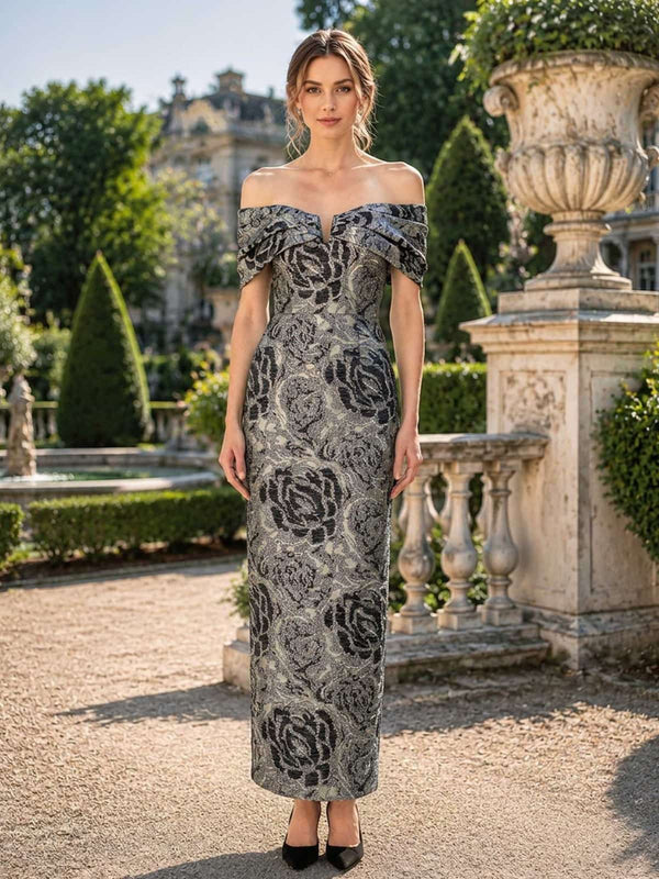 Jacquard satin off shoulder midi length evening dress front view with floral texture