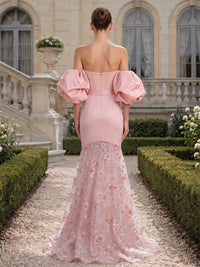 Floral chiffon mermaid floor length evening dress back view with embroidered sheer skirt and zipper detail