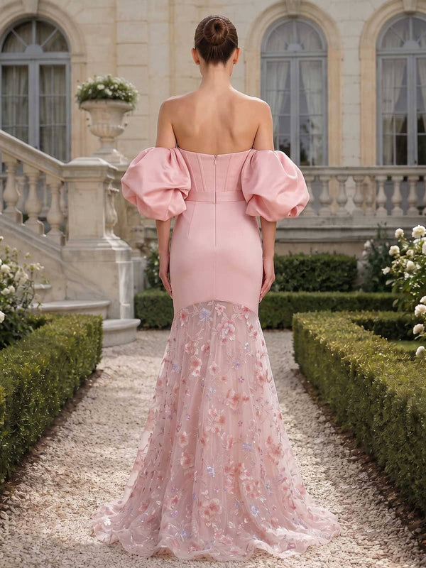 Floral chiffon mermaid floor length evening dress back view with embroidered sheer skirt and zipper detail