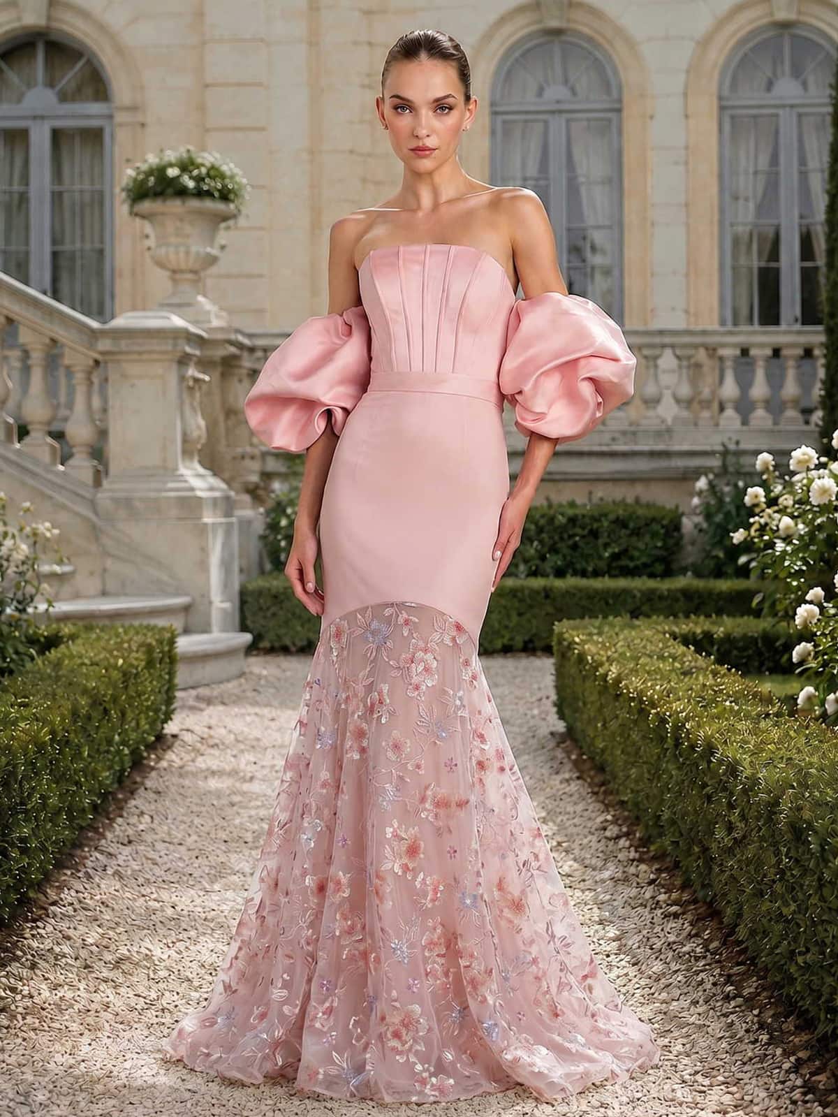 Floral chiffon mermaid floor length evening dress front view with puff sleeves and embroidered overlay skirt