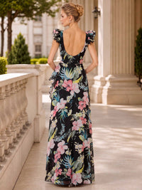 Floral chiffon square neck floor length evening dress back view with low scoop back and ruffle sleeve detail