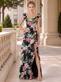 Floral chiffon square neck floor length evening dress front view with ruffle sleeves and draped high slit skirt