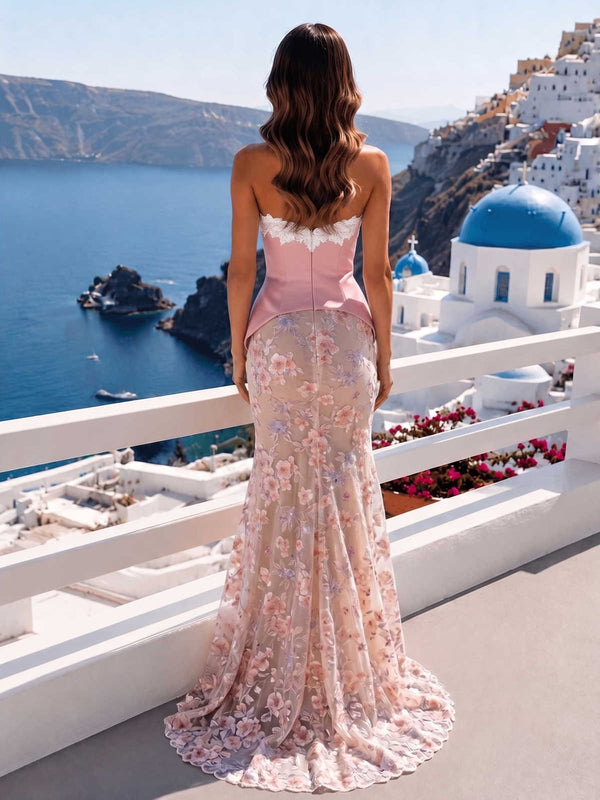 Floral mermaid sweetheart floor length evening dress back view with fitted bodice and embroidered mermaid skirt