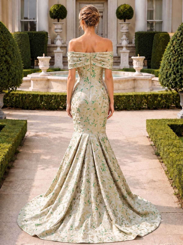 Jacquard satin off shoulder mermaid evening dress back view with fitted silhouette and sweep train