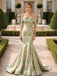 Jacquard satin off shoulder mermaid evening dress front view with brooch detail and sweep train