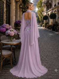 Floral chiffon lace mother of the bride dress back view with flowing cape overlay and floor length skirt