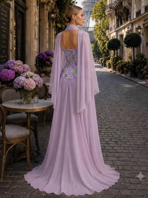 Floral chiffon lace mother of the bride dress back view with flowing cape overlay and floor length skirt