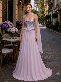 Floral chiffon lace mother of the bride dress front view with sweetheart neckline and cape overlay