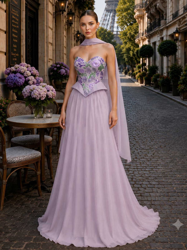 Floral chiffon lace mother of the bride dress front view with sweetheart neckline and cape overlay