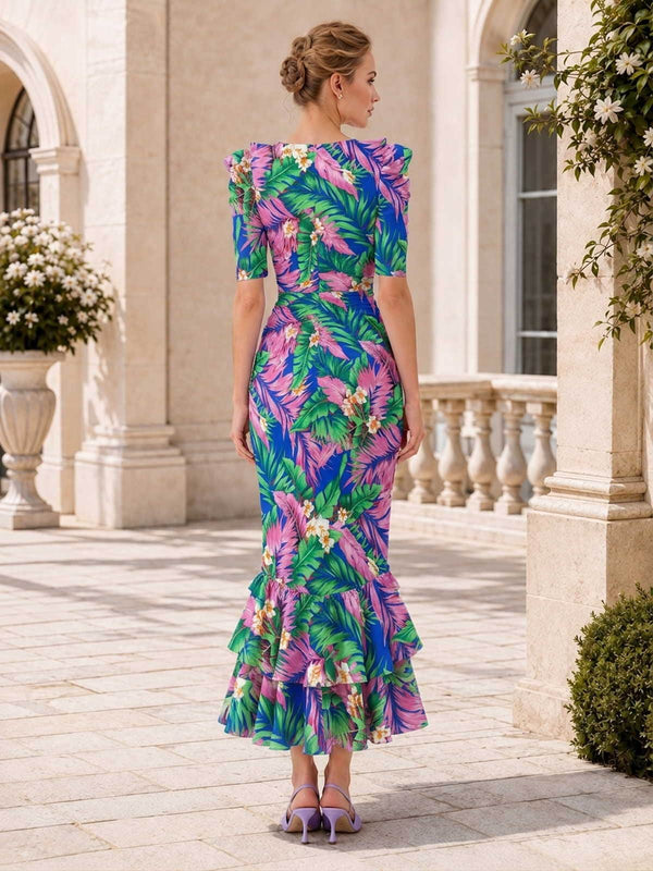 Floral chiffon mother of the bride midi dress back view with fitted silhouette and tiered ruffle hem