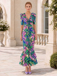 Floral chiffon mother of the bride midi dress front view with v neckline ruffle trim and tiered hem