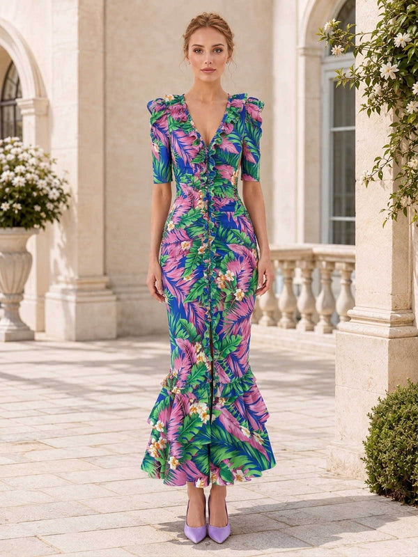 Floral chiffon mother of the bride midi dress front view with v neckline ruffle trim and tiered hem