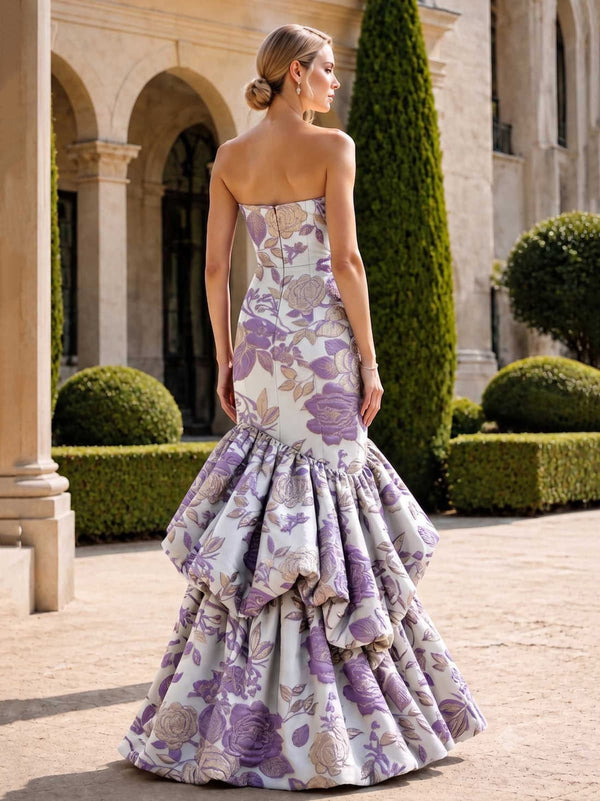 Floral jacquard satin mother of the bride strapless mermaid evening dress back view with dramatic layered hem