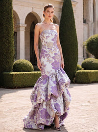 Floral jacquard satin mother of the bride strapless mermaid evening dress front view with tiered ruffle hem