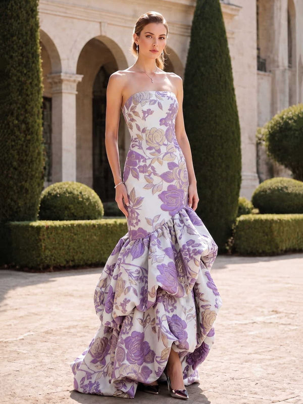 Floral jacquard satin mother of the bride strapless mermaid evening dress front view with tiered ruffle hem