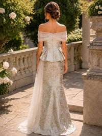 Floral jacquard satin mother of the bride off shoulder evening dress back view with chiffon draped panel and fitted skirt