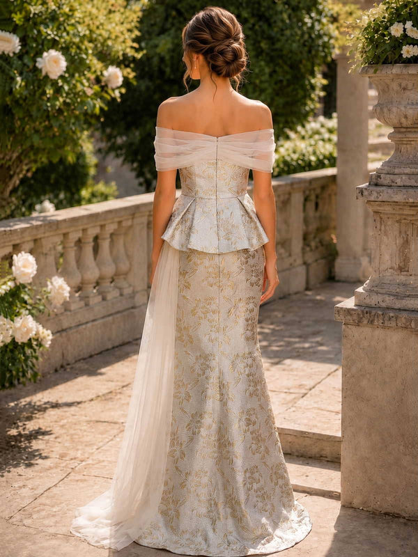 Floral jacquard satin mother of the bride off shoulder evening dress back view with chiffon draped panel and fitted skirt