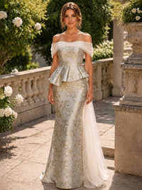 Floral jacquard satin mother of the bride off shoulder floor length evening dress front view with peplum waist