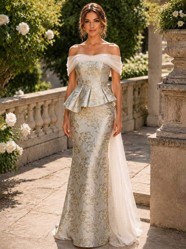 Floral jacquard satin mother of the bride off shoulder floor length evening dress front view with peplum waist