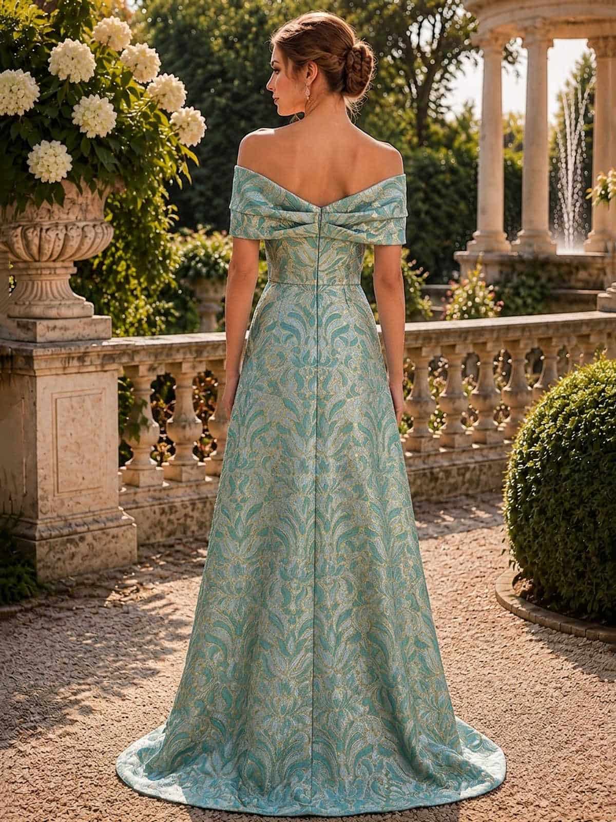 Floral jacquard satin mother of the bride off shoulder evening dress back view with fitted bodice and zipper closure