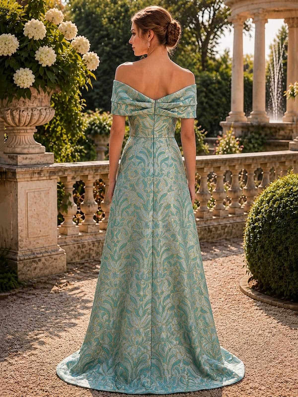Floral jacquard satin mother of the bride off shoulder evening dress back view with fitted bodice and zipper closure