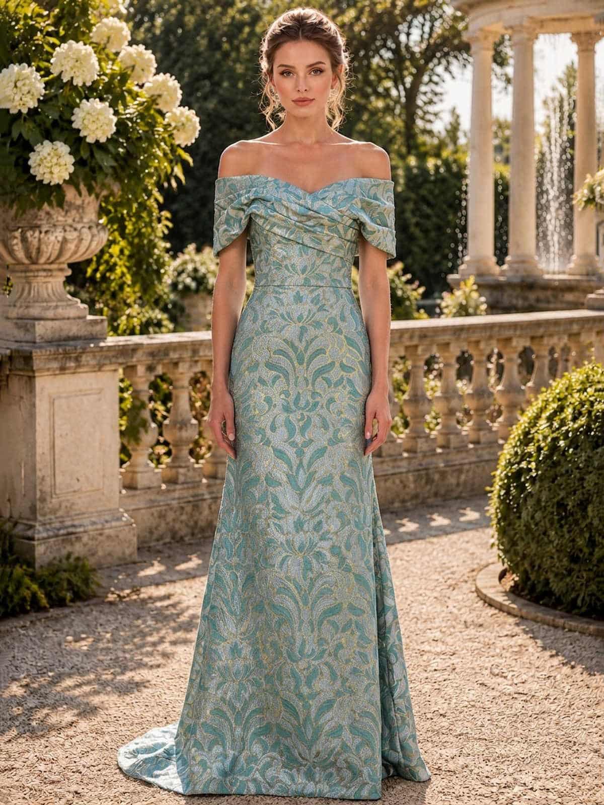 Floral jacquard satin mother of the bride off shoulder floor length evening dress front view with draped neckline