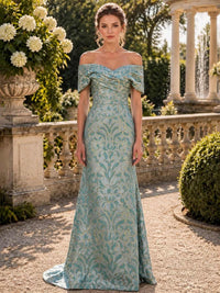 Floral jacquard satin mother of the bride off shoulder floor length evening dress front view with draped neckline