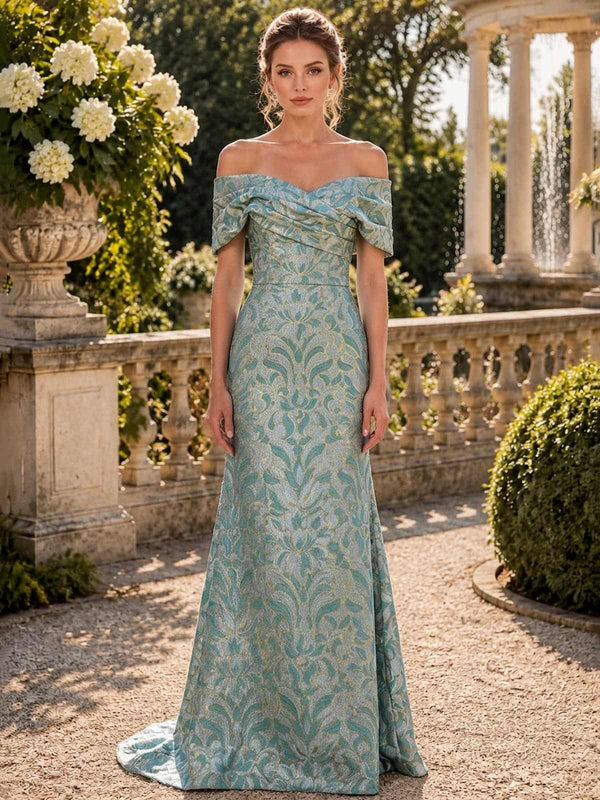 Floral jacquard satin mother of the bride off shoulder floor length evening dress front view with draped neckline
