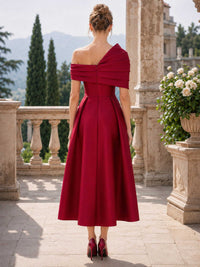 Satin off shoulder midi length mother of the bride evening dress back view with fitted bodice and zipper closure