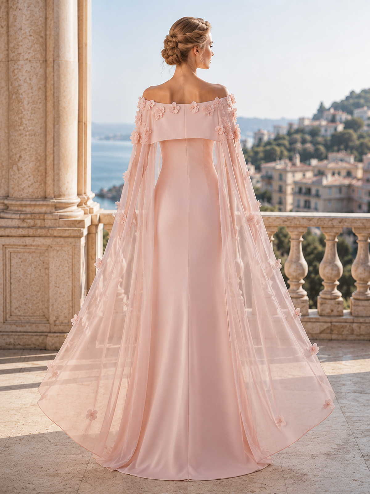 Satin off shoulder floor length mother of the bride evening dress back view with sheer tulle cape and fitted silhouette