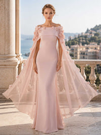 Satin off shoulder floor length mother of the bride evening dress front view with sheer cape overlay and floral applique detail