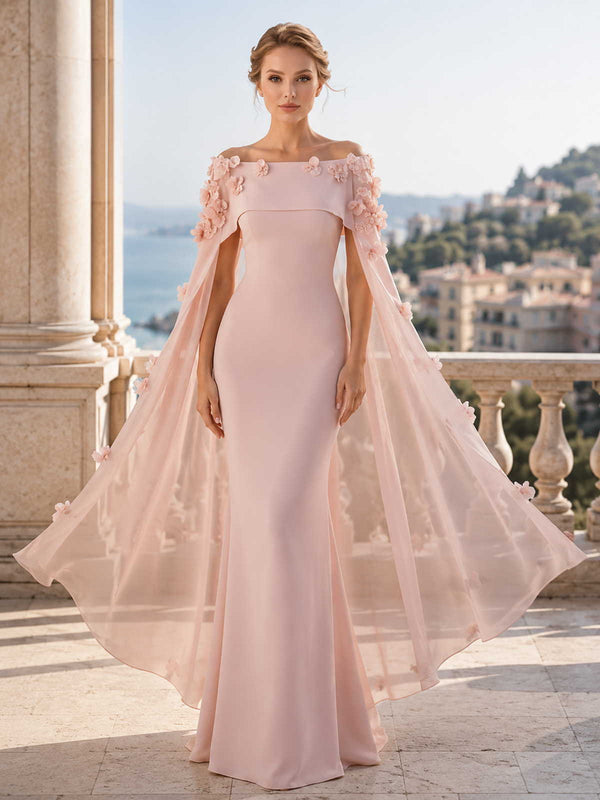 Satin off shoulder floor length mother of the bride evening dress front view with sheer cape overlay and floral applique detail