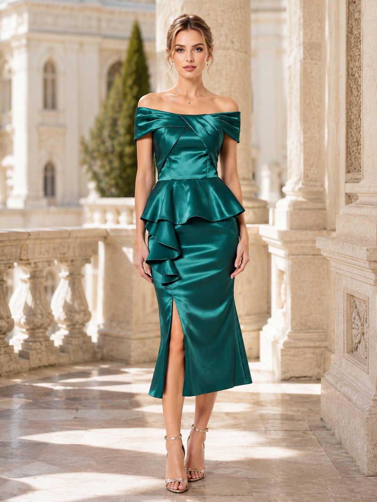 Stretch satin off shoulder midi evening dress front view with peplum ruffle waist and front slit detail