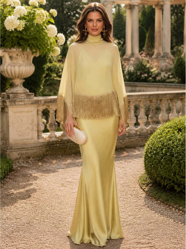 Faux silk chiffon high neck floor length mother of the bride evening dress front view with fringe shawl overlay