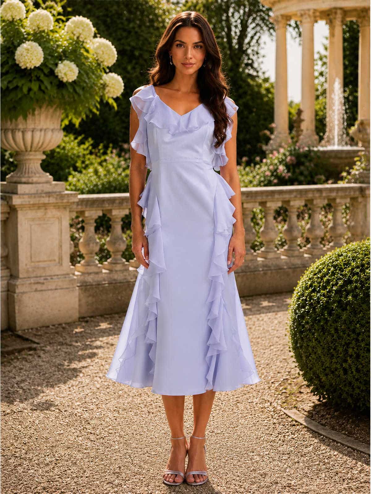 Faux silk V neck midi length mother of the bride dress front view with ruffle sleeves and cascading side ruffles